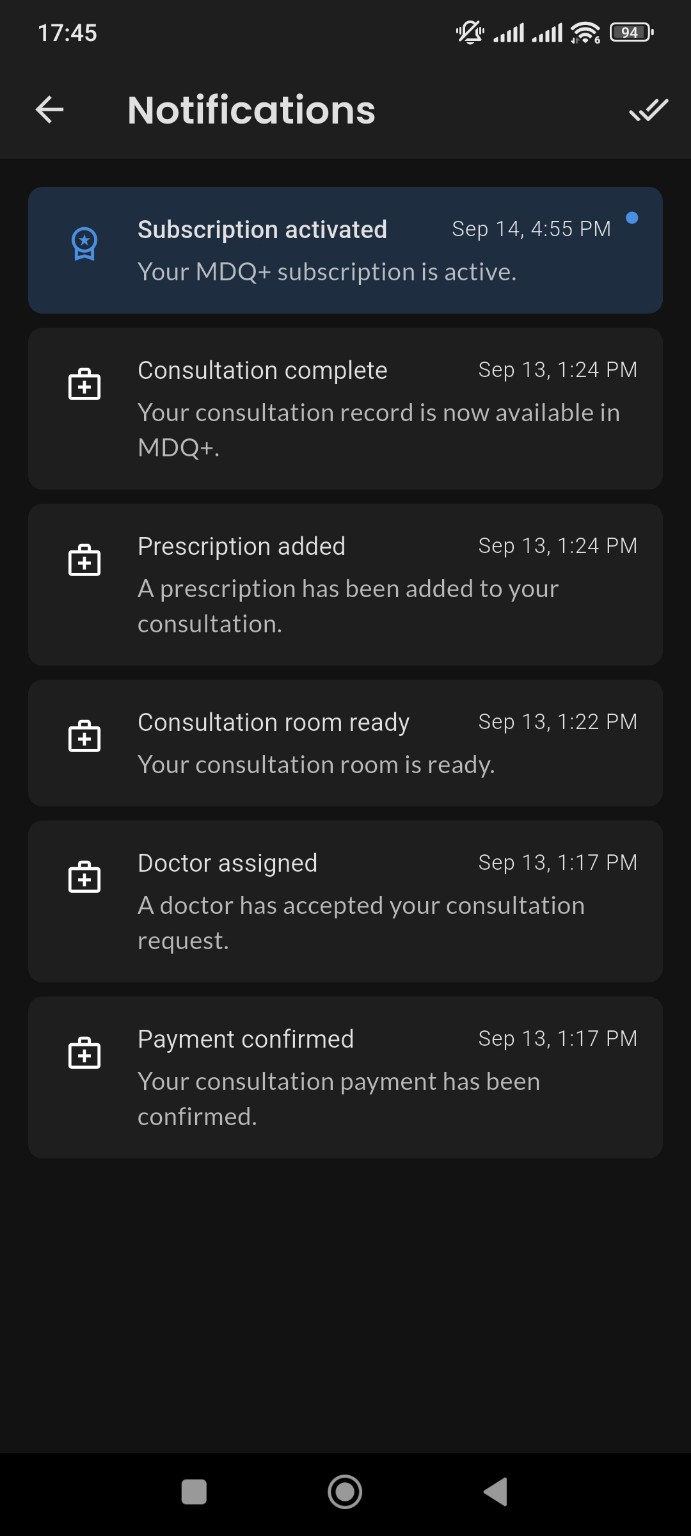 MDQ+ notifications showing care milestones